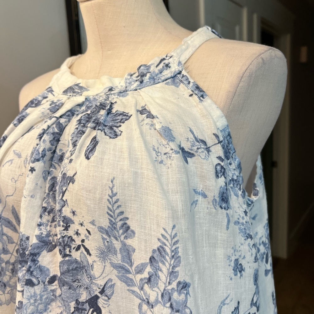 BELLAMBRA NWOT white linen halter mini dress with soft blue botanical print - Picture 6 of 15